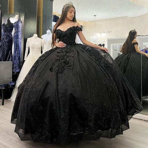 Robe de princesse à paillettes noires et perles pour quinceañera, robe de bal pour les 15 et 16 ans (Y5745)