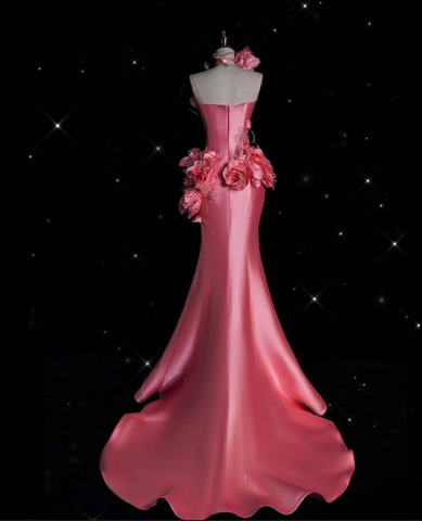 Vestido largo de noche de sirena con flores 3D de satén rosa, bonito modelo Y8339