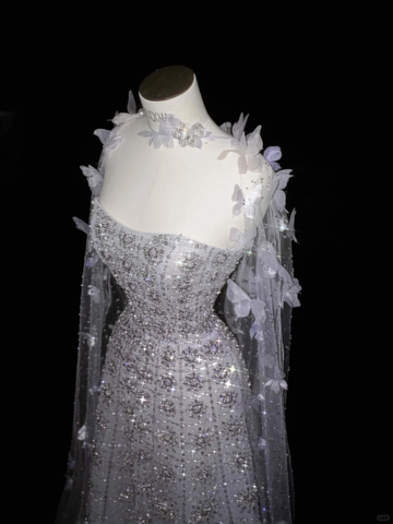 Robe de soirée trapèze en tulle lilas ornée d'appliqués de perles, modèle Y8657