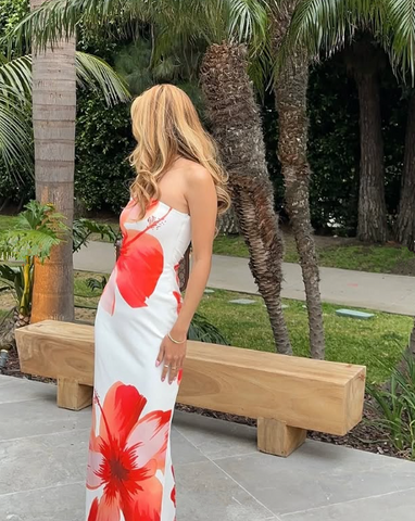 Magnifique robe de bal fourreau sans bretelles en satin imprimé floral Y8239