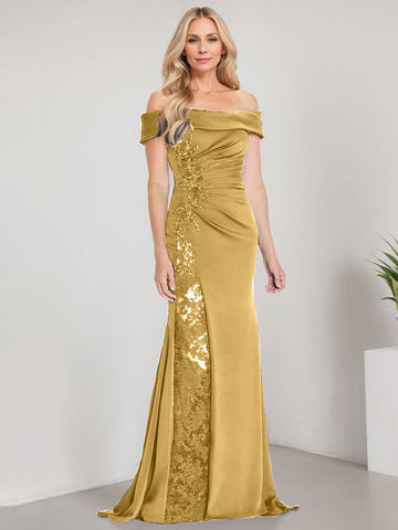A-Line Off the Shoulder Floor-Length Mother of the Bride Dress Applique Beadings Mermaid Dress With  High Split
