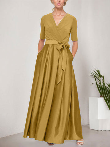 Surplice Neckline Ballgown with Full Satin Skirt & Jersey Bodice