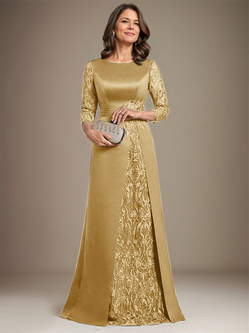 A-Line Scoop Floor-Length Lace Satin Mother Of the Bride Dress With Applique