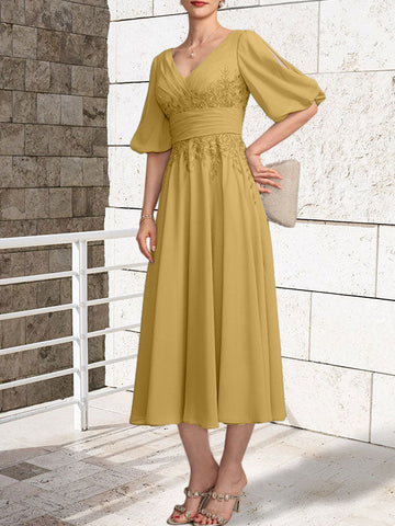 A-line V-Neck Tea-Length Lace Chiffon Mother of the Bride Dress With Pleated