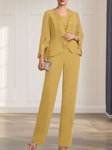 Separates Jumpsuit/Pantsuit V-Neck Floor-Length Chiffon Mother of the Bride Dress