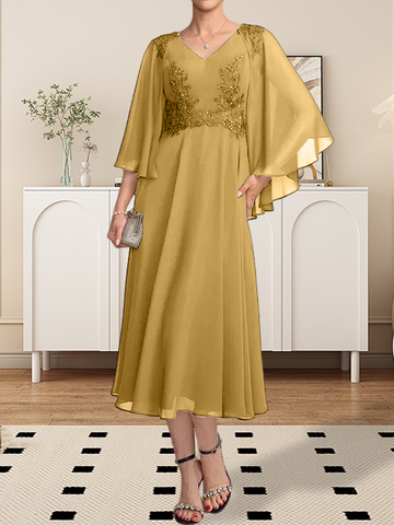 A-line V-Neck Tea-Length Chiffon Lace Mother of the Bride Dress With Beading Sequins