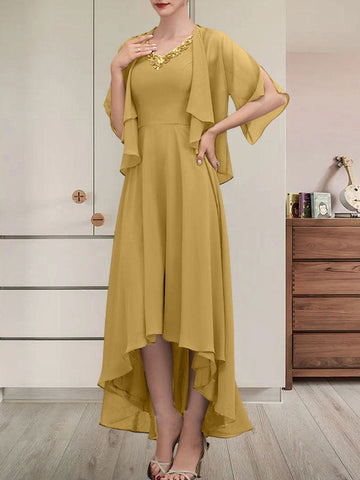 A-line V-Neck Asymmetrical Chiffon Mother of the Bride Dress With Beading Sequins