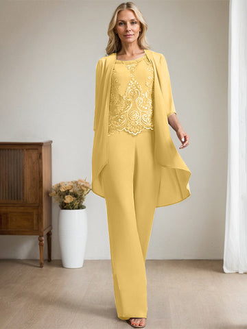 Separates Jumpsuit/Pantsuit Scoop Floor-Length Chiffon Lace Mother of the Bride Dress With Beading Sequins