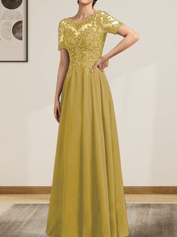 A-line Scoop Illusion Floor-Length Chiffon Lace Mother of the Bride Dress With Sequins Beading