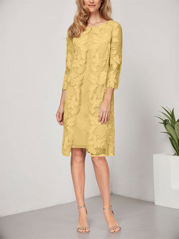 Vestido de corte A, escote redondo, largo hasta la rodilla, de gasa y encaje, para la madre de la novia, con chaqueta. 