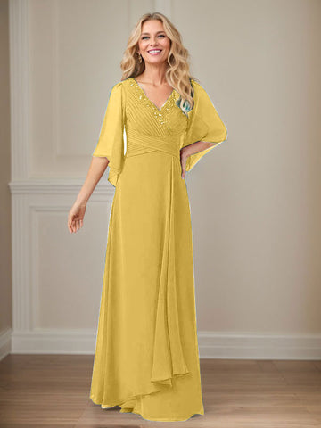 A-Line V-Neck Long Sequins Chiffon Mother Dress