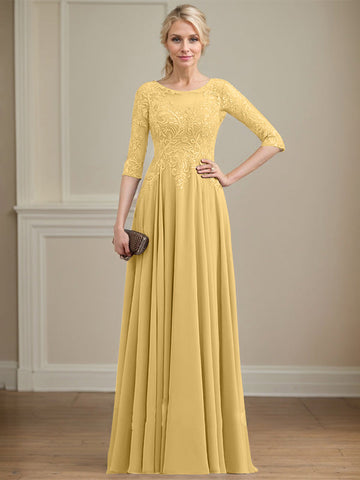 A-line Scoop Illusion Floor-Length Lace Chiffon Mother of the Bride Dress With Sequins