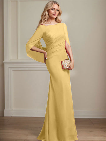 Trumpet/Mermaid Boat Neck Floor-Length Chiffon Mother of the Bride Dress With Pleated