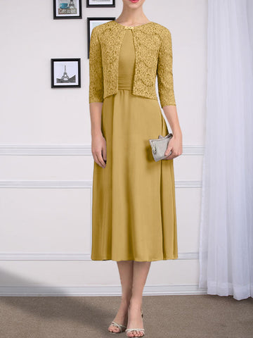 A-line Scoop Tea-Length Chiffon Mother of the Bride Dress With Pleated