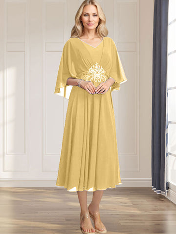 A-line V-Neck Tea-Length Chiffon Mother of the Bride Dress With Pleated Sequins Appliques Lace Beadind