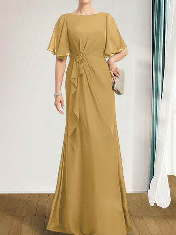 A-line Scoop Floor-Length Chiffon Mother of the Bride Dress With Cascading Ruffles Beading Sequins