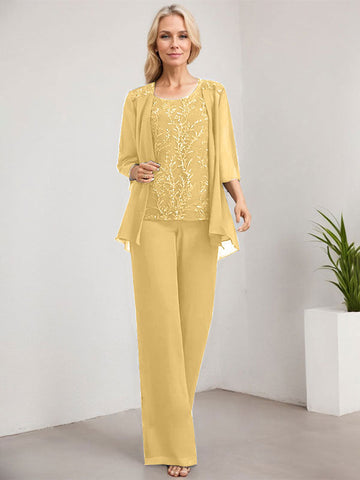 Separates Jumpsuit/Pantsuit Scoop Floor-Length Lace Chiffon Mother of the Bride Dress With Sequins