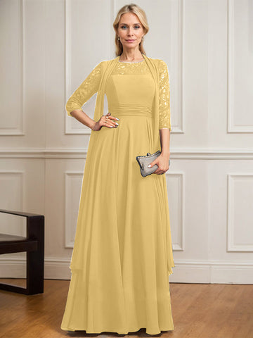 A-line Scoop Illusion Floor-Length Lace Chiffon Mother of the Bride Dress With Pleated