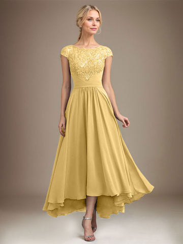 A-line Scoop Illusion Asymmetrical Lace Chiffon Mother of the Bride Dress With Pleated