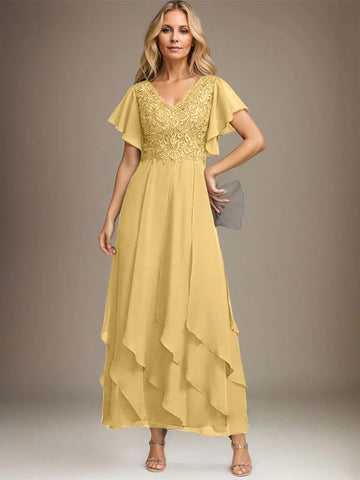 A-line V-Neck Ankle-Length Lace Chiffon Mother of the Bride Dress With Cascading Ruffles
