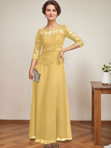 A-line Scoop Illusion Ankle-Length Chiffon Lace Mother of the Bride Dress With Rhinestone Beading