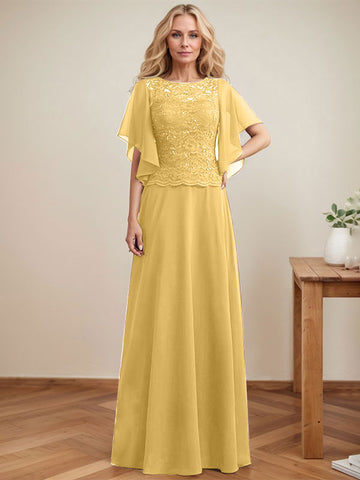 A-line Scoop Illusion Floor-Length Lace Chiffon Mother of the Bride Dress With Sequins