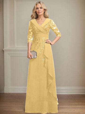 A-line Collared V-Neck Floor-Length Lace Chiffon Mother of the Bride Dress With Sequins Cascading Ruffles