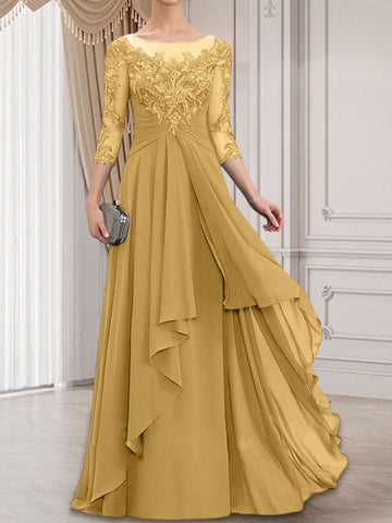 A-line Scoop Illusion Floor-Length Lace Chiffon Mother of the Bride Dress With Cascading Ruffles