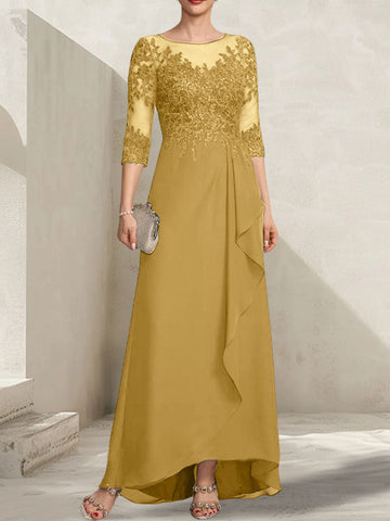A-line Scoop Illusion Asymmetrical Lace Chiffon Mother of the Bride Dress With Sequins Cascading Ruffles
