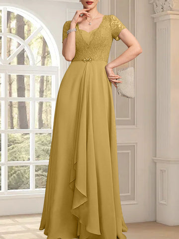 A-line Sweetheart Floor-Length Chiffon Lace Mother of the Bride Dress With Beading Cascading Ruffles