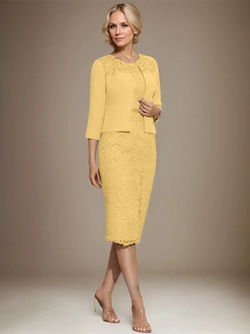 Sheath/Column Scoop Knee-Length Chiffon Lace Mother of the Bride Dress With Beading