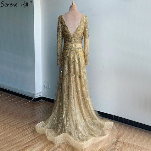 On Sale no return no refund Gold A-Line V-Neck Luxury Sexy Evening Dresses 2025 Pearls Crystal Long Sleeves Fromal Gown LA70287L