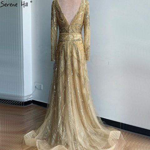 On Sale no return no refund Gold A-Line V-Neck Luxury Sexy Evening Dresses 2025 Pearls Crystal Long Sleeves Fromal Gown LA70287L