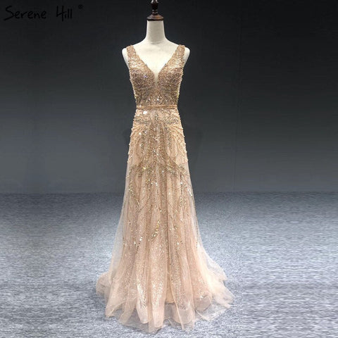 On Sale no return no refund Gold A-Line V-Neck Luxury Sexy Evening Dresses 2025 Pearls Crystal Long Sleeves Fromal Gown LA70287L