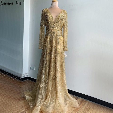 On Sale no return no refund Gold A-Line V-Neck Luxury Sexy Evening Dresses 2025 Pearls Crystal Long Sleeves Fromal Gown LA70287L