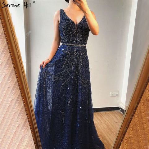 On Sale no return no refund Gold A-Line V-Neck Luxury Sexy Evening Dresses 2025 Pearls Crystal Long Sleeves Fromal Gown LA70287L