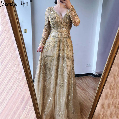 On Sale no return no refund Gold A-Line V-Neck Luxury Sexy Evening Dresses 2025 Pearls Crystal Long Sleeves Fromal Gown LA70287L