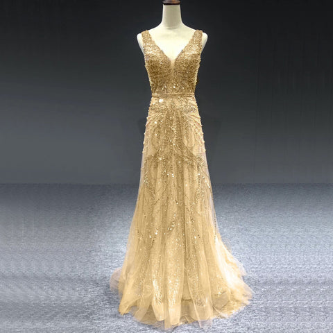 On Sale no return no refund Gold A-Line V-Neck Luxury Sexy Evening Dresses 2025 Pearls Crystal Long Sleeves Fromal Gown LA70287L