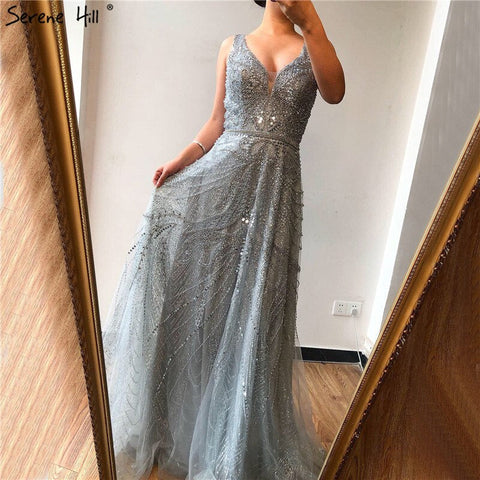 On Sale no return no refund Gold A-Line V-Neck Luxury Sexy Evening Dresses 2025 Pearls Crystal Long Sleeves Fromal Gown LA70287L
