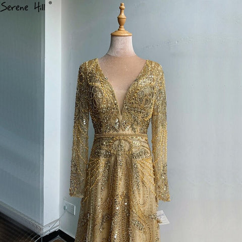 On Sale no return no refund Gold A-Line V-Neck Luxury Sexy Evening Dresses 2025 Pearls Crystal Long Sleeves Fromal Gown LA70287L