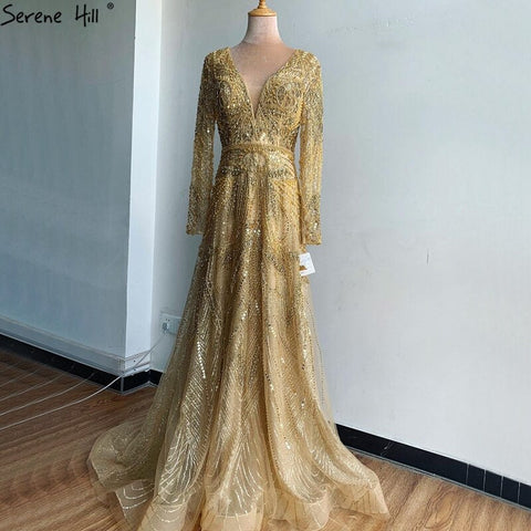 On Sale no return no refund Gold A-Line V-Neck Luxury Sexy Evening Dresses 2025 Pearls Crystal Long Sleeves Fromal Gown LA70287L