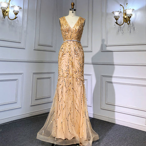 Gold Arabic Cape Sleeves Beaded Evening Dresses Gowns 2025 Mermaid Elegant Luxury For Women Party LA71496