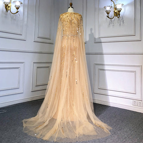 Gold Arabic Cape Sleeves Beaded Evening Dresses Gowns 2025 Mermaid Elegant Luxury For Women Party LA71496