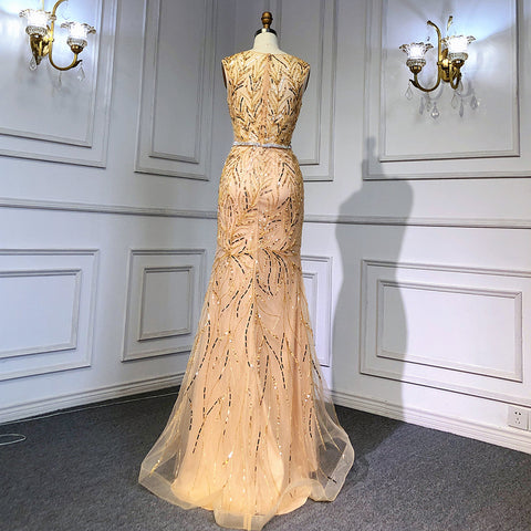 Gold Arabic Cape Sleeves Beaded Evening Dresses Gowns 2025 Mermaid Elegant Luxury For Women Party LA71496