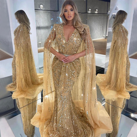 Gold Arabic Cape Sleeves Beaded Evening Dresses Gowns 2025 Mermaid Elegant Luxury For Women Party LA71496