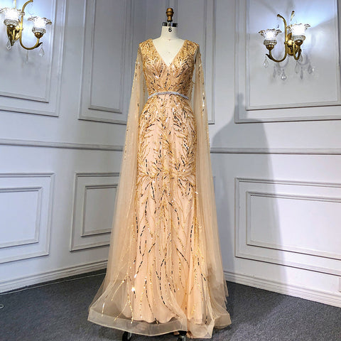 Gold Arabic Cape Sleeves Beaded Evening Dresses Gowns 2025 Mermaid Elegant Luxury For Women Party LA71496