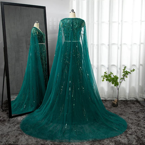 Gold Arabic Cape Sleeves Beaded Evening Dresses Gowns 2025 Mermaid Elegant Luxury For Women Party LA71496