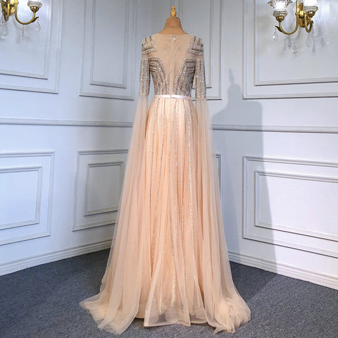 Gold Arabic Luxury Cape Sleeves Evening Dresses Gowns 2025 Beaded A-Line For Women Party LA71598