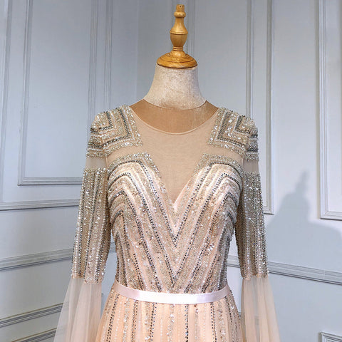 Gold Arabic Luxury Cape Sleeves Evening Dresses Gowns 2025 Beaded A-Line For Women Party LA71598