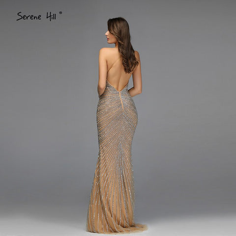 Gold Backless Mermaid Sexy Evening Dresses 2025 Dubai Crystal Beading Luxury Formal Dress Design LA70165